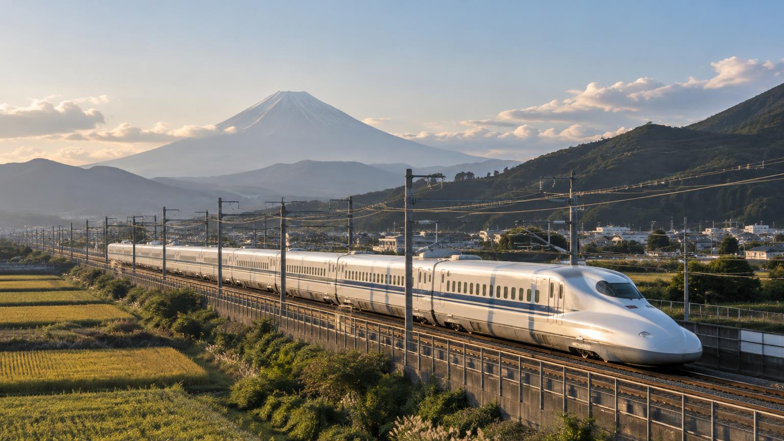 Shinkansen japonais traversant la campagne avec le mont Fuji en arrière-plan
