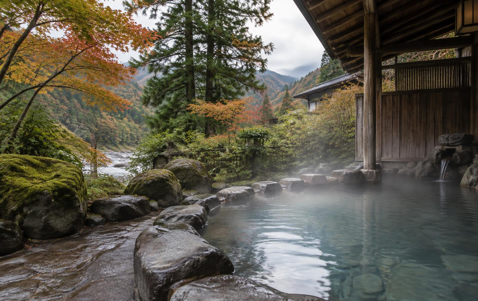 Un onsen extérieur fumant près d’un pavillon en cèdre, dans une vallée montagneuse boisée